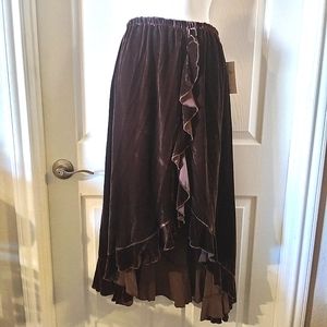 Tasha Polizzi brown crushed velvet ruffle skirt